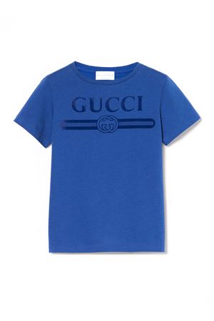 T-shirt in cotone bluette con stampa GUCCI KIDS | 547559XJHO54118